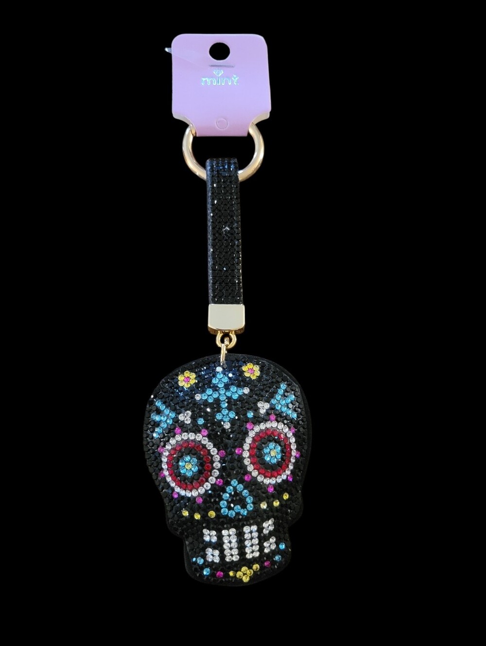 Mint Black Crystal Skull Keychain Wristlet with Multicolor Accents